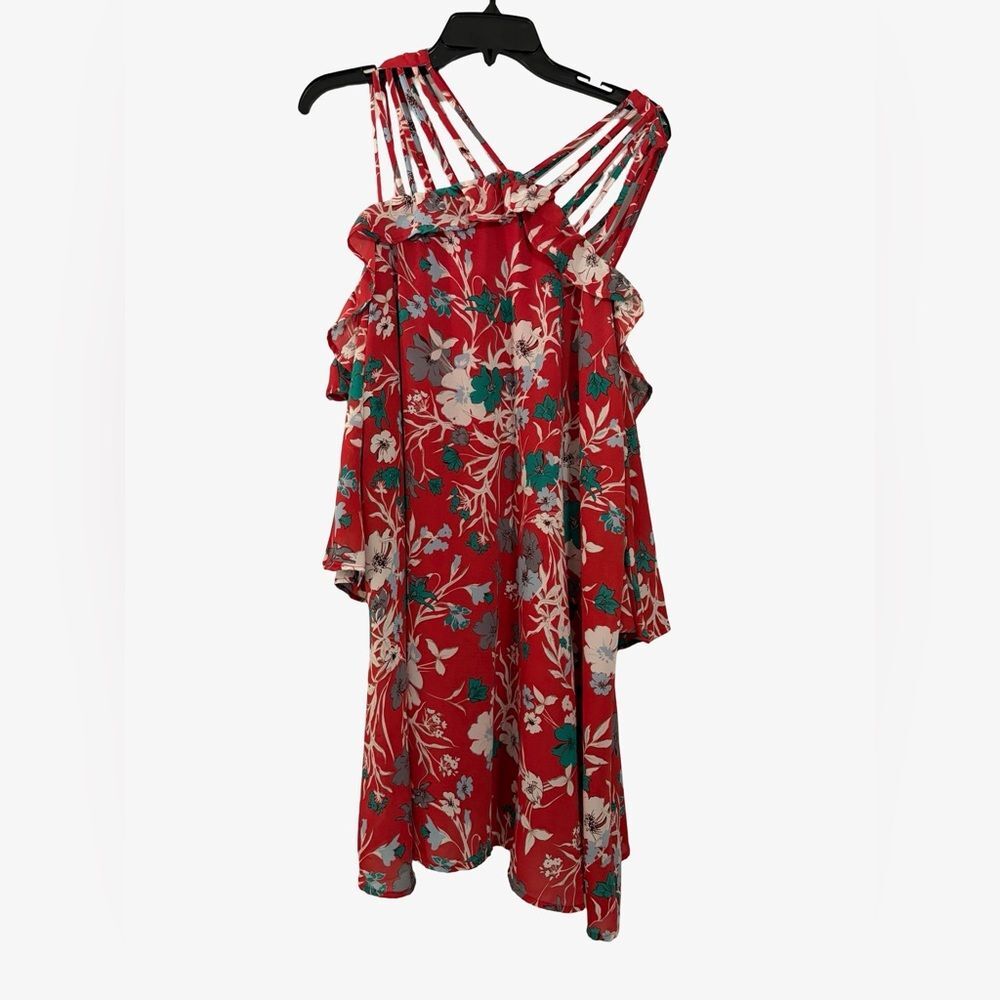 Entro Women’s Large Floral Cold Shoulder Dress – Red | 100% Polyester